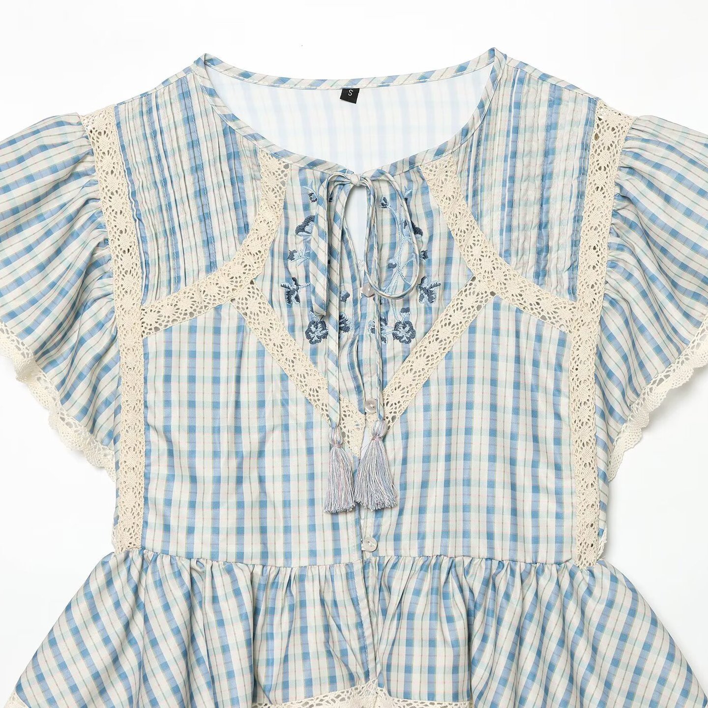 Womens Summer New Arrival Round-Neck Plaid Embroidered Hollow-Out Ruffle-Trim Top - Image 3