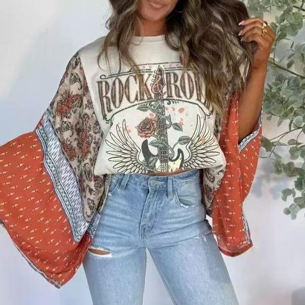 Womens Versatile Batwing-sleeve Top With A Printed Round Neck - Image 4