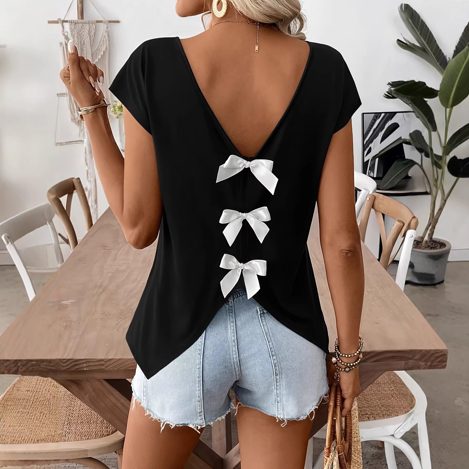 Womens V-neck Bow-detailed Slit Short-sleeve Knit - Image 4