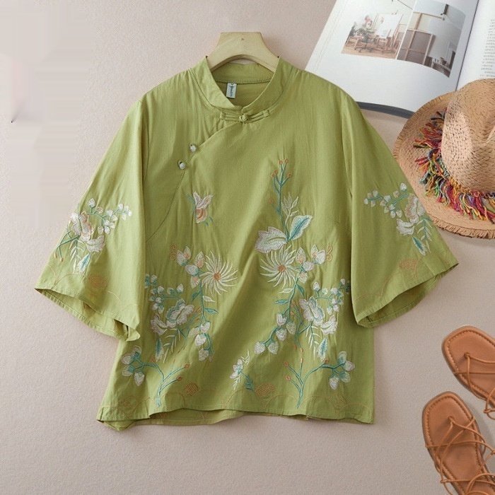 Chinese-style Embroidered Ramie Shirt For Women Spring Season With A Slanted Placket - Image 8