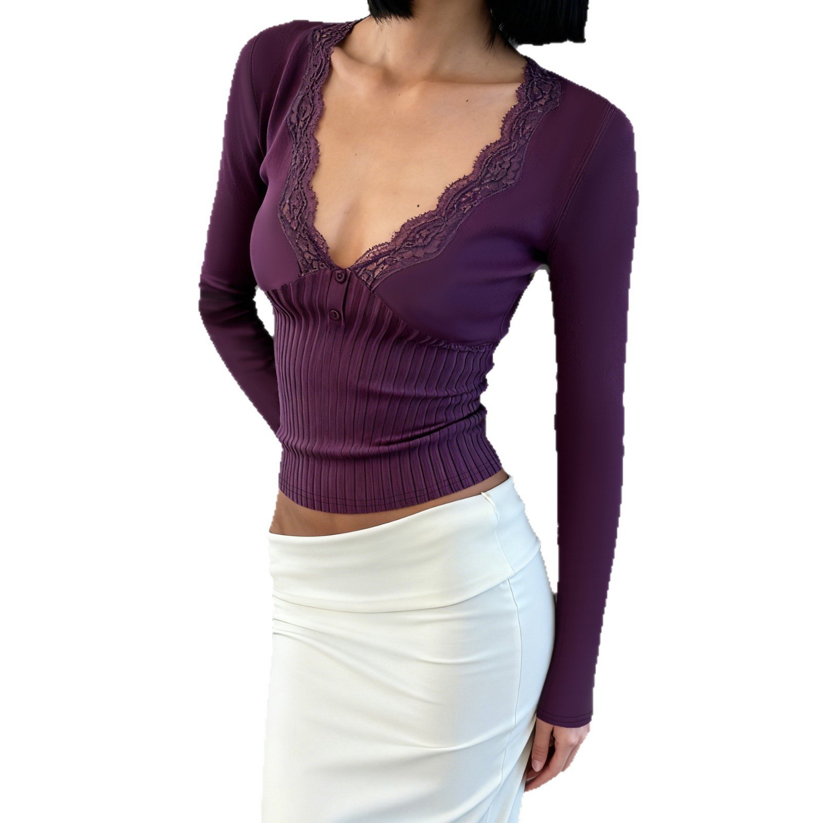 Lace-Panel Knitted Base Top For Women - Image 5