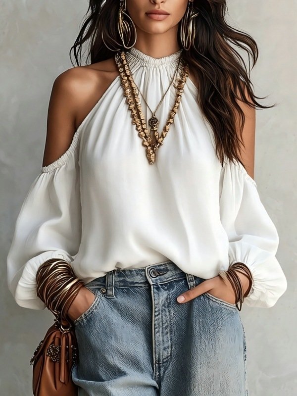 Off-shoulder Bubble-cuffed Lantern-sleeve Blouse - Image 6