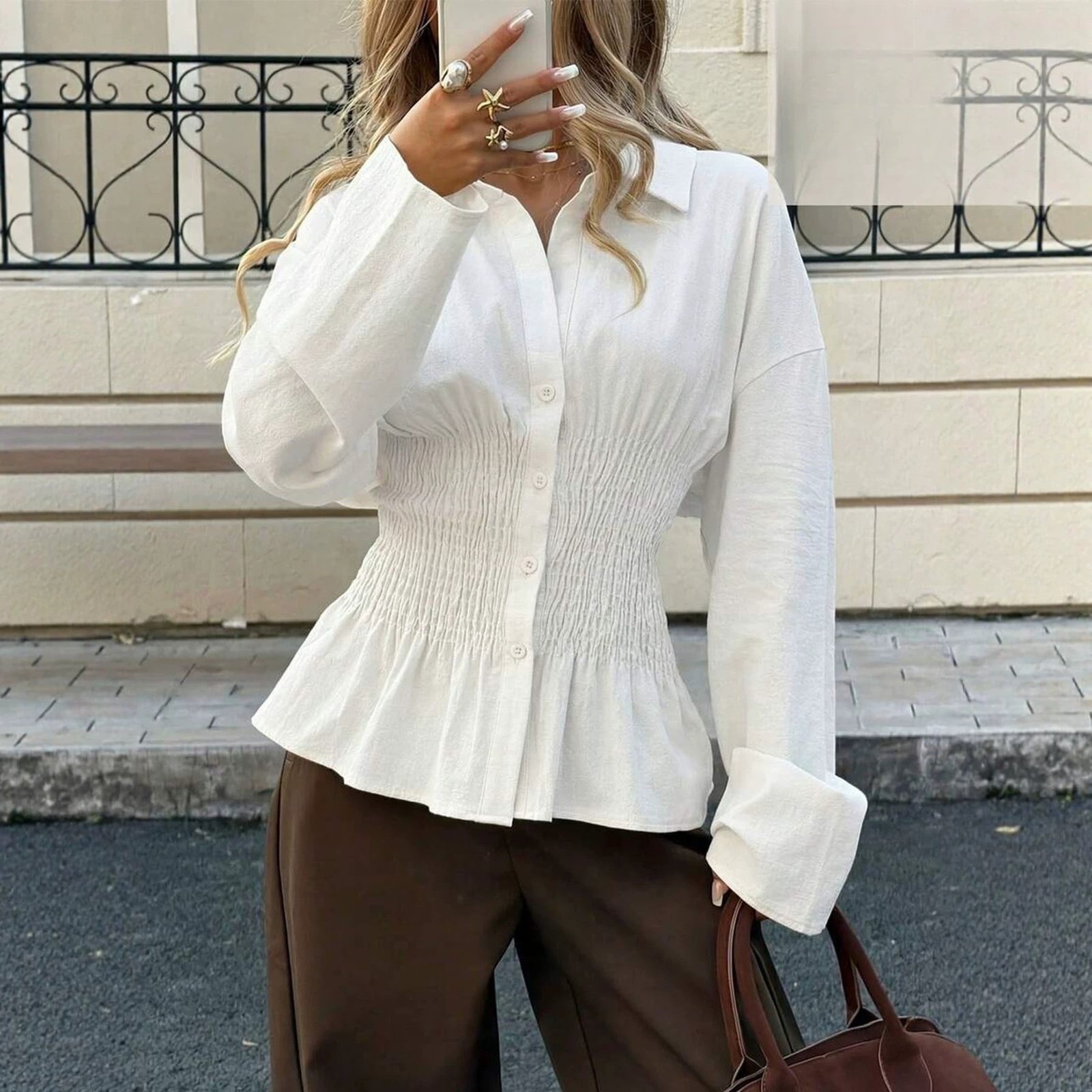 Elegant Solid-color Pleated Waist-cinching Blouse Top - Image 3