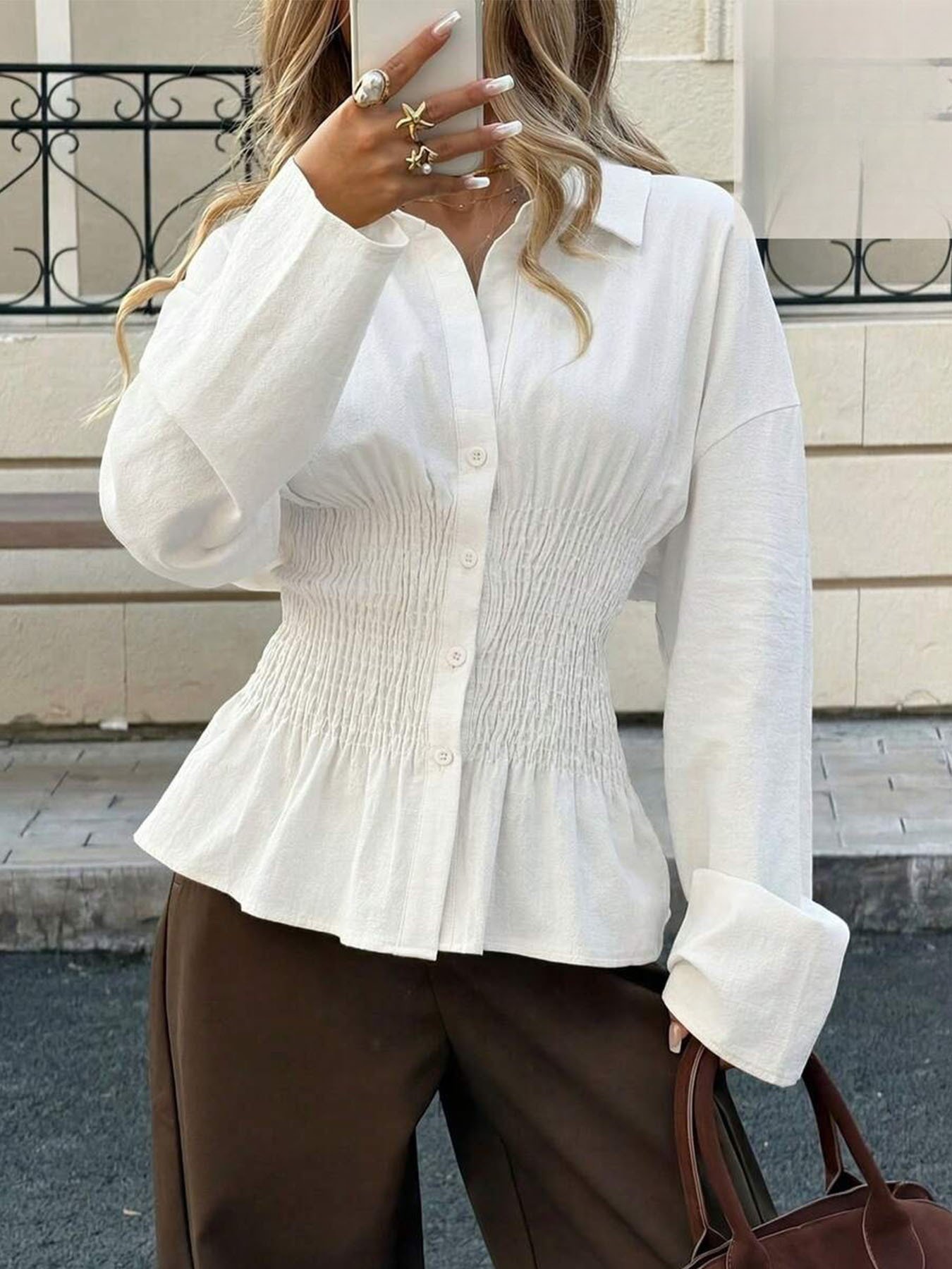 Elegant Solid-color Pleated Waist-cinching Blouse Top - Image 7