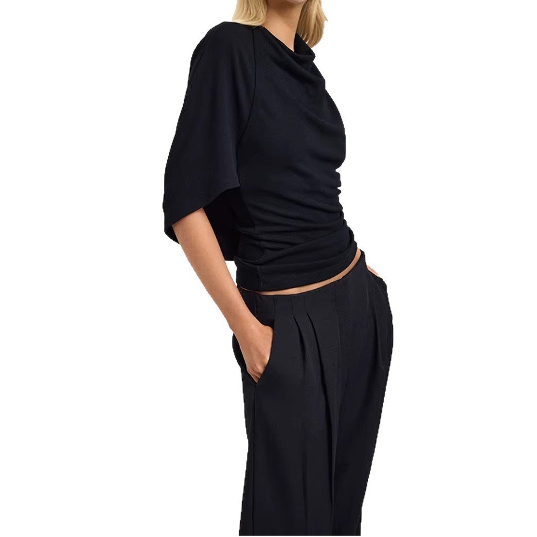 Black Backless Pleated Slim-Fit Commuter Short T-Shirt - Image 5