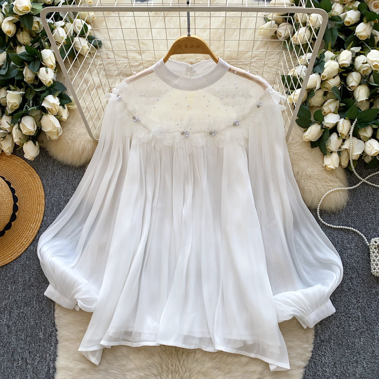 Fairy-style Puff-sleeve Mesh Long-sleeve Floral Blouse - Image 3