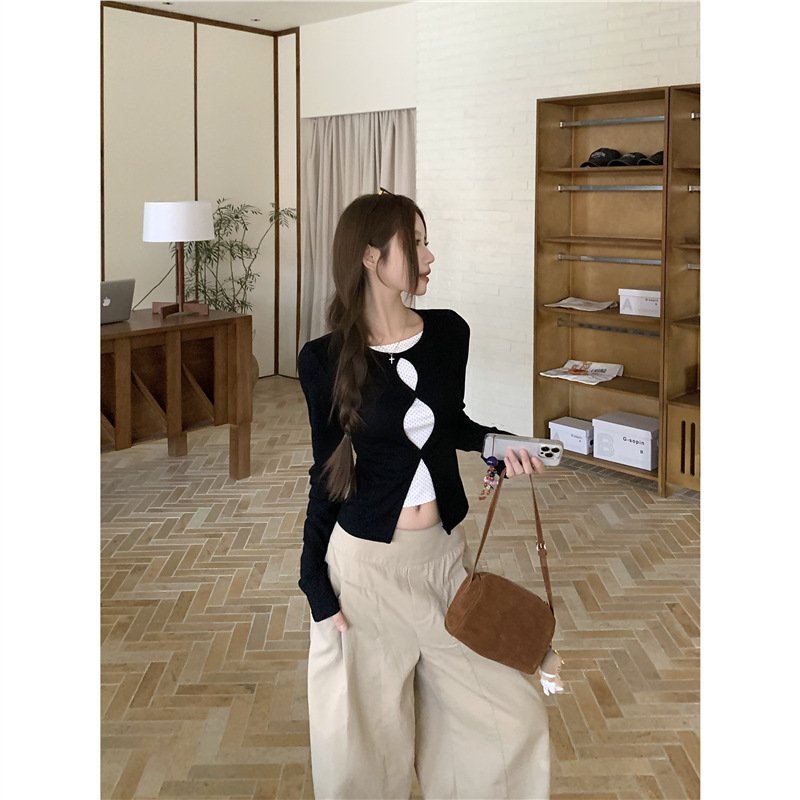 Black Illusion Two-piece Hollow-out Long-sleeve Top - Image 4