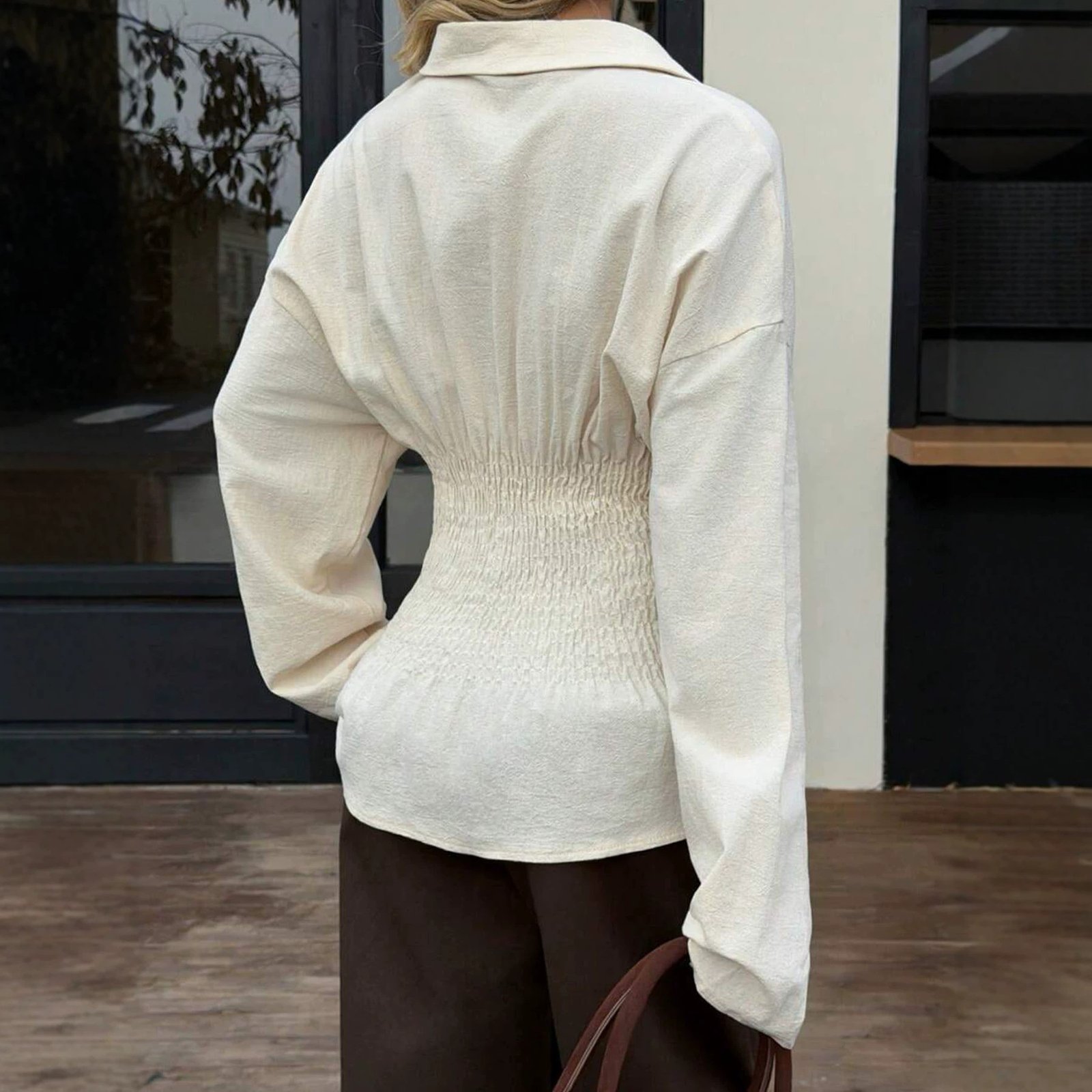 Elegant Solid-color Pleated Waist-cinching Blouse Top - Image 2