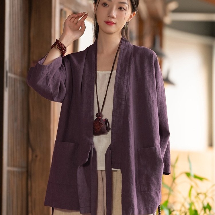 Vintage Mandarin-collar Cross-front Top Womens Cardigan-style Jacket