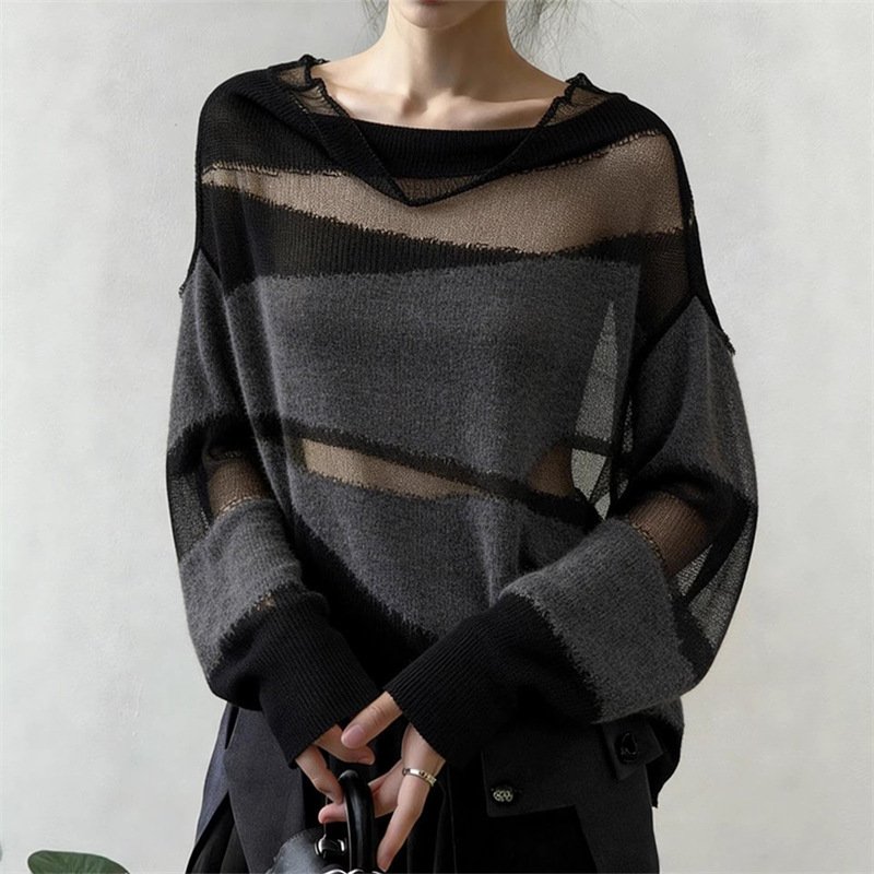 Korean-style Mesh-panel Design Relaxed-fit Blouse Long-sleeve Knit Top - Image 6