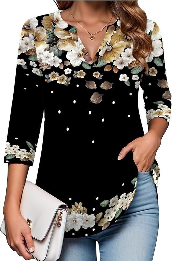 Womens Digital-Print Mid-Sleeve V-Neck Top - Image 10