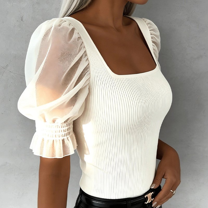 Square-neck Mesh-panel Puff-sleeve Top - Image 3