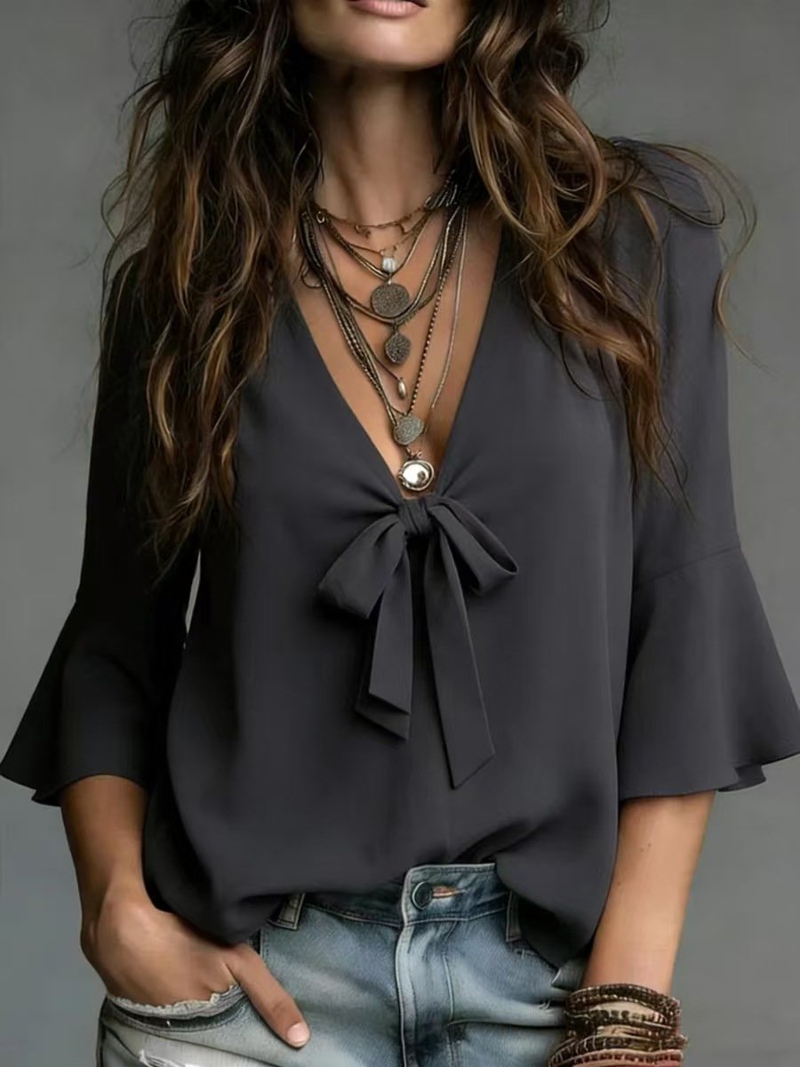 Elegant Woven Solid-color V-neck Top With Flared Sleeves - Image 7