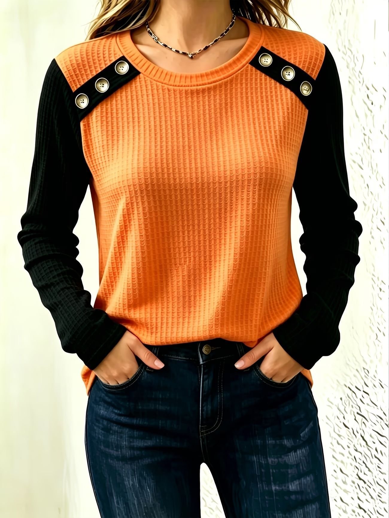 FallWinter Crew-neck Patchwork Waffle-knit Long-sleeve Top - Image 9