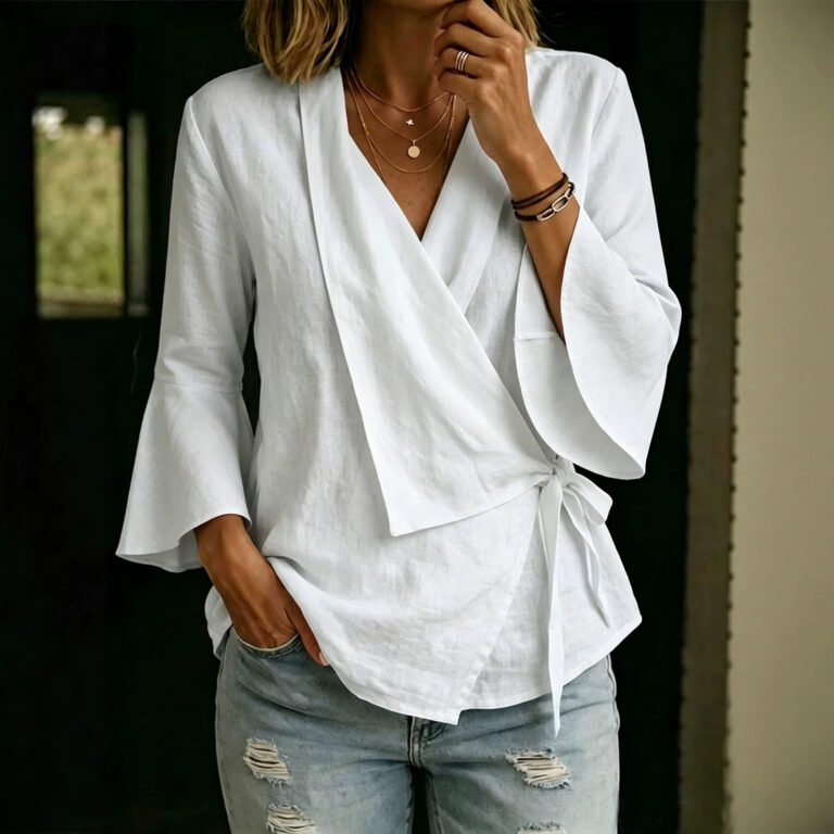 Notch Lapel Three-quarter Flared Sleeves Tie-detailed Asymmetrical Hem