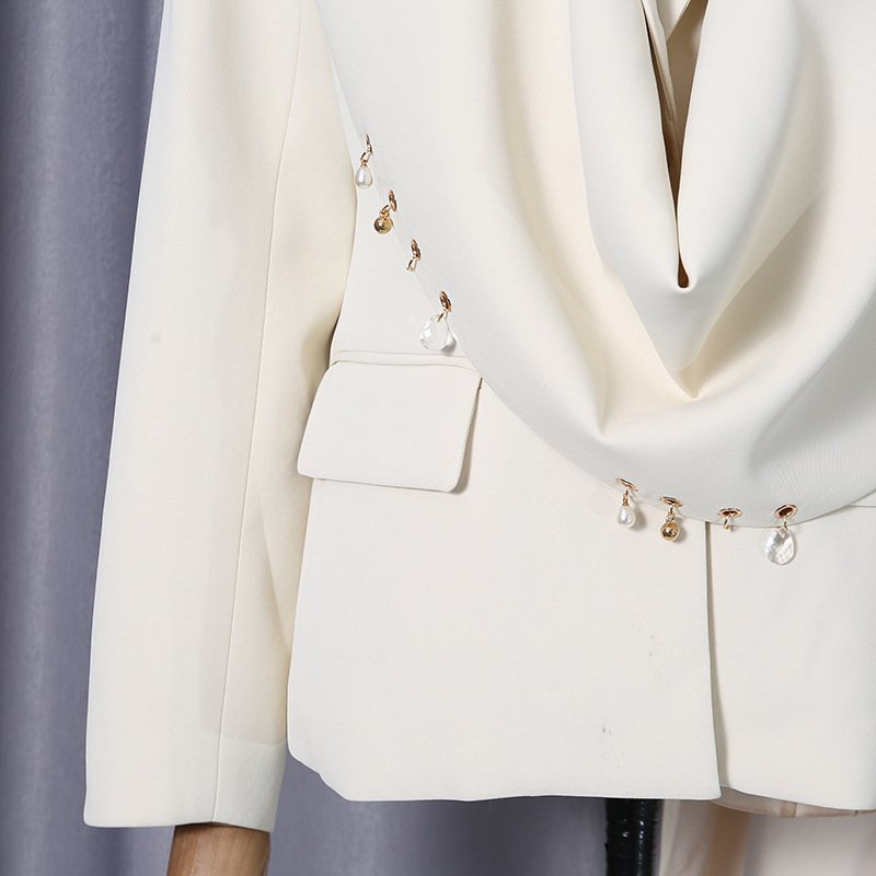 Waterfall Draped Pearl Crystal Bead Trim Asymmetrical Tailored Blazer - Image 9