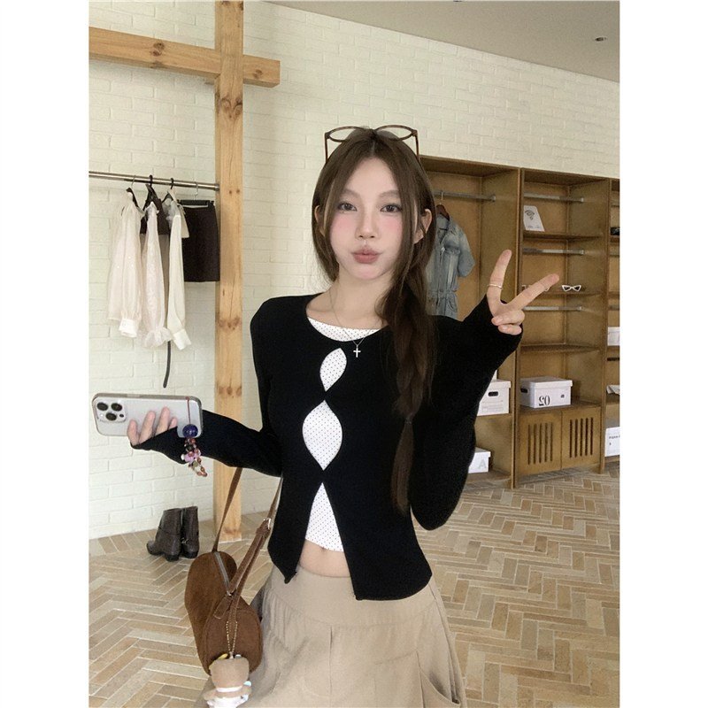 Black Illusion Two-piece Hollow-out Long-sleeve Top - Image 2