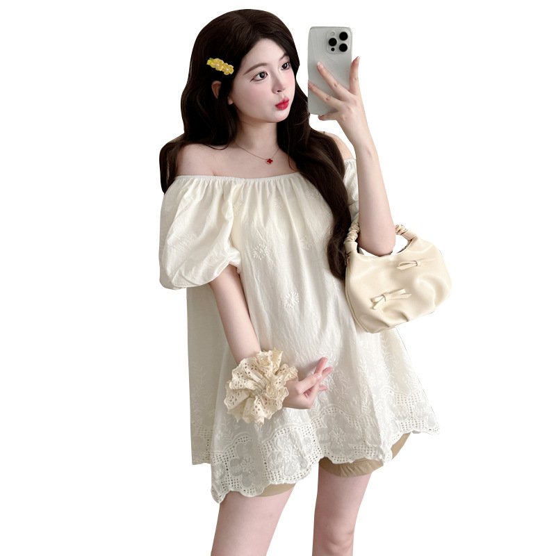 Womens Korean-style Off-shoulder Embroidered Trim Top - Image 5