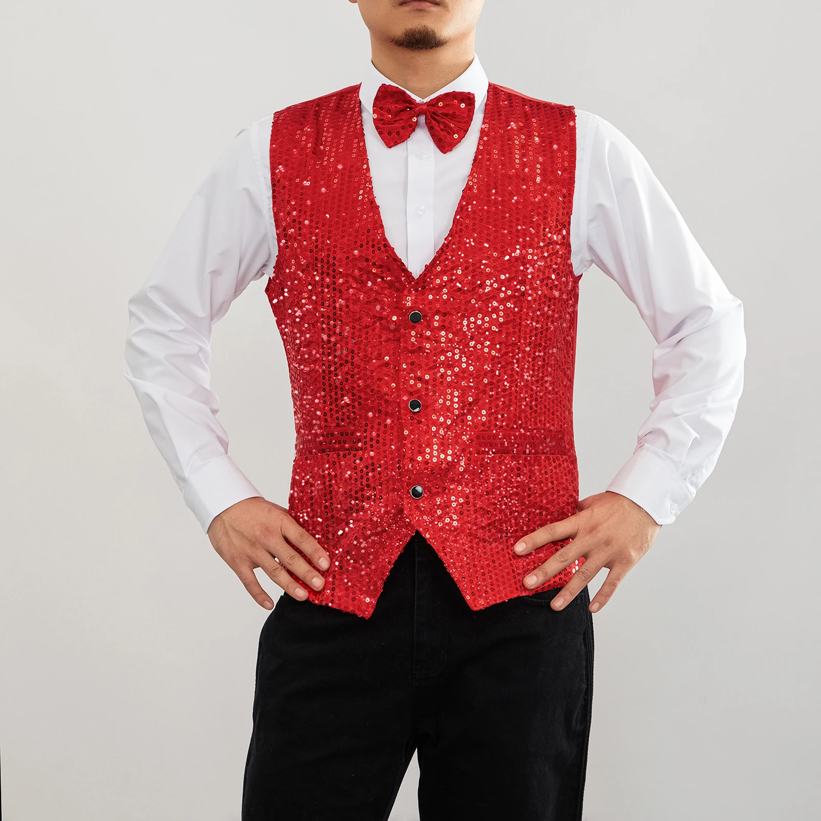 New Design Men Sequins Pattern Glitter Embellished V-neck Blazer Vest Male Evening Party Suits Plus Size hot - Image 3