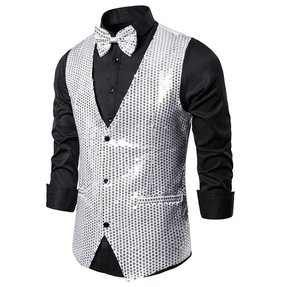 New Design Men Sequins Pattern Glitter Embellished V-neck Blazer Vest Male Evening Party Suits Plus Size hot - Image 8