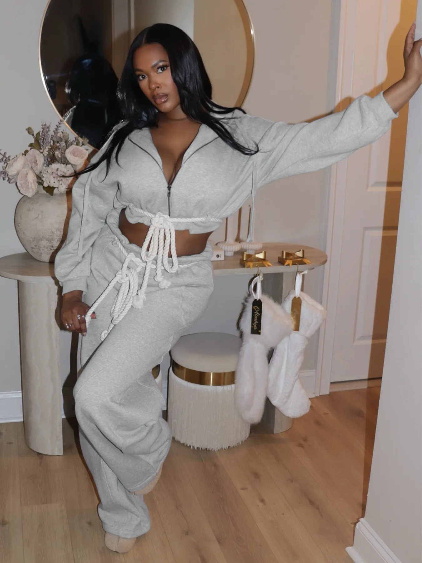E5072-2026 New Arrivals Women Long Sleeve Bandage Zipper Hooded Jackets+Jogger 2 Piece Set Women Casual Tracksuit - Image 3