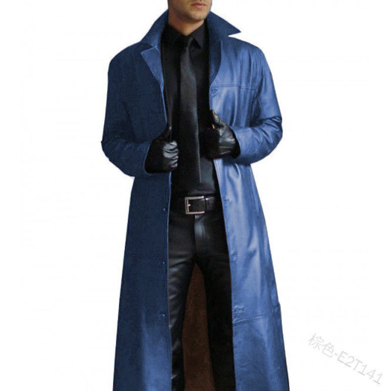 Cross-Border Export Men's Lapel Pure Color Long Leather Jacket European and American Fashion Slim Leather Windbreaker Pu Leather Jacket - Image 9