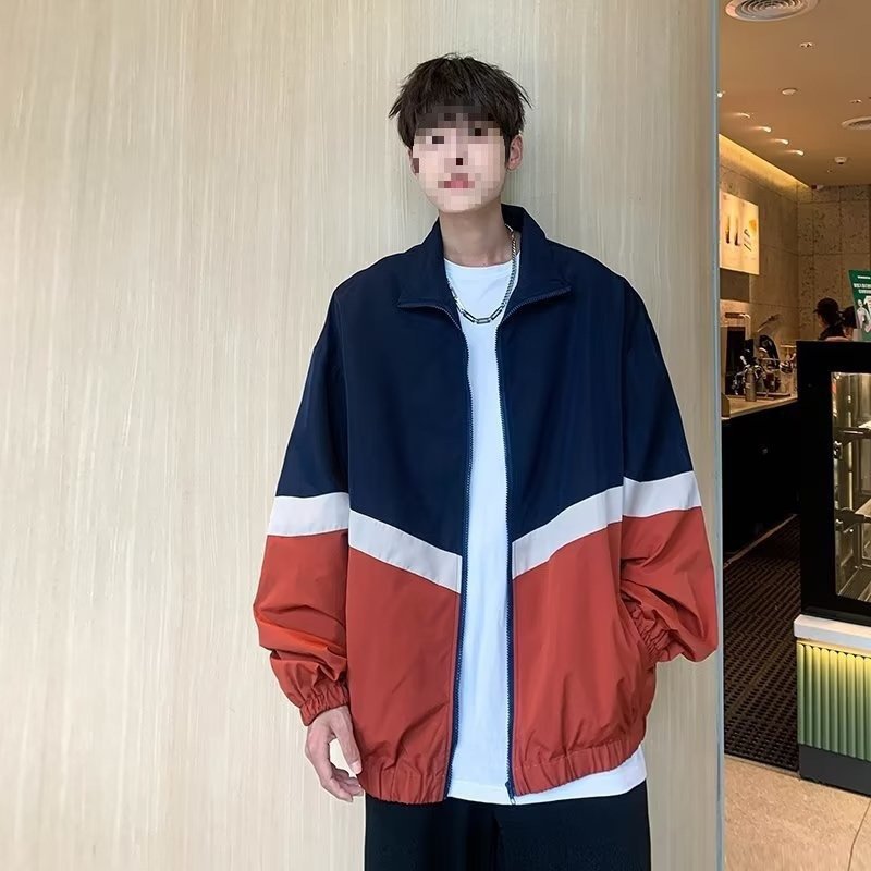 Men's and Women's American Retro Color-Blocked Windproof Jackets for Men in Spring and Autum Loose Stand-Up Collar Sports Jackets and Tops - Image 2