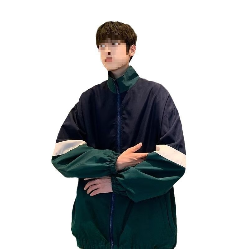 Men's and Women's American Retro Color-Blocked Windproof Jackets for Men in Spring and Autum Loose Stand-Up Collar Sports Jackets and Tops - Image 5