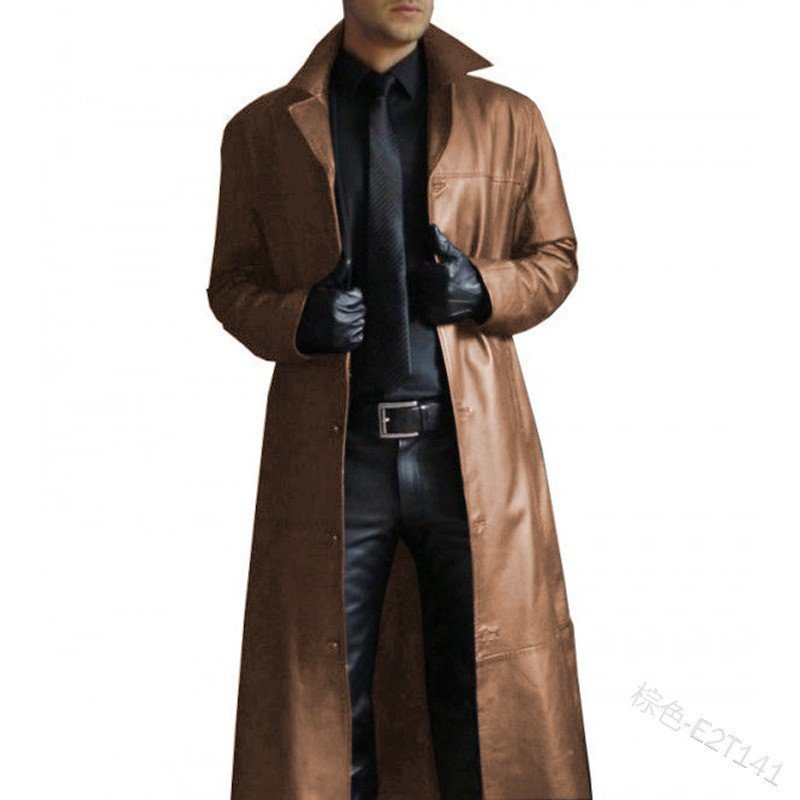 Cross-Border Export Men's Lapel Pure Color Long Leather Jacket European and American Fashion Slim Leather Windbreaker Pu Leather Jacket - Image 4