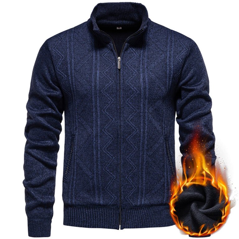 Cross-border Goods Men's Knitwear Autumn and Winter Vertical Collar Thick Warm fleece-lined Cardigan Sweater Jacquard Casual Coat