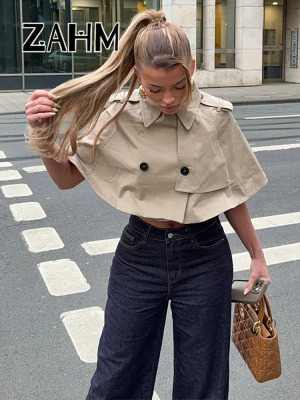 S007de5cab47146e598ad77333e8b4f8az.webp Casual Solid Women's Cope Turn-Down Collar Double Button Solid Lady Cloak 2026 Spring Summer Fashion Female Street Crop Tops New