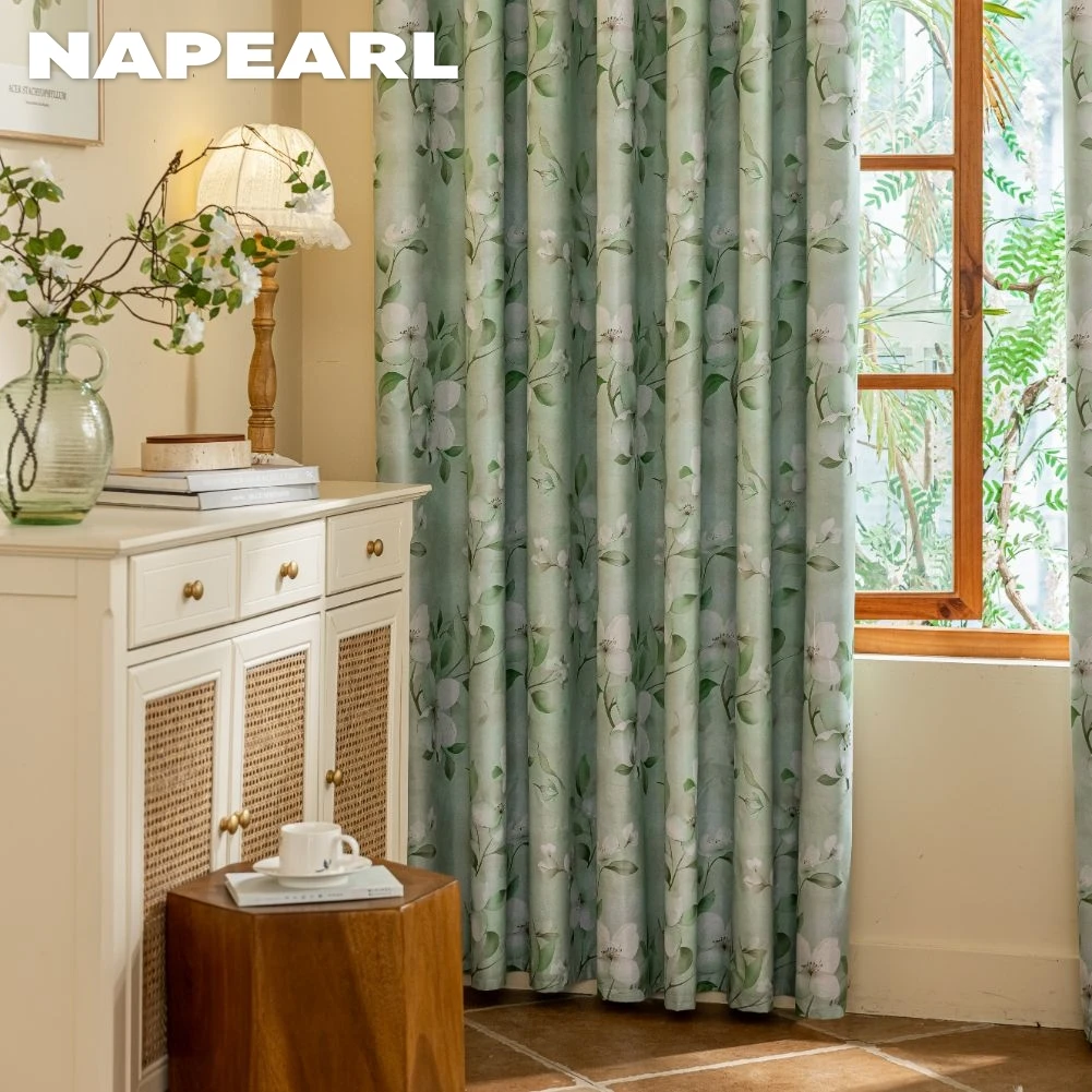 1PC European Style 100% Blackout Curtain for Bedroom Living Room Green Leaf Flower Printed Window Drapes Summer Curtains - Image 2