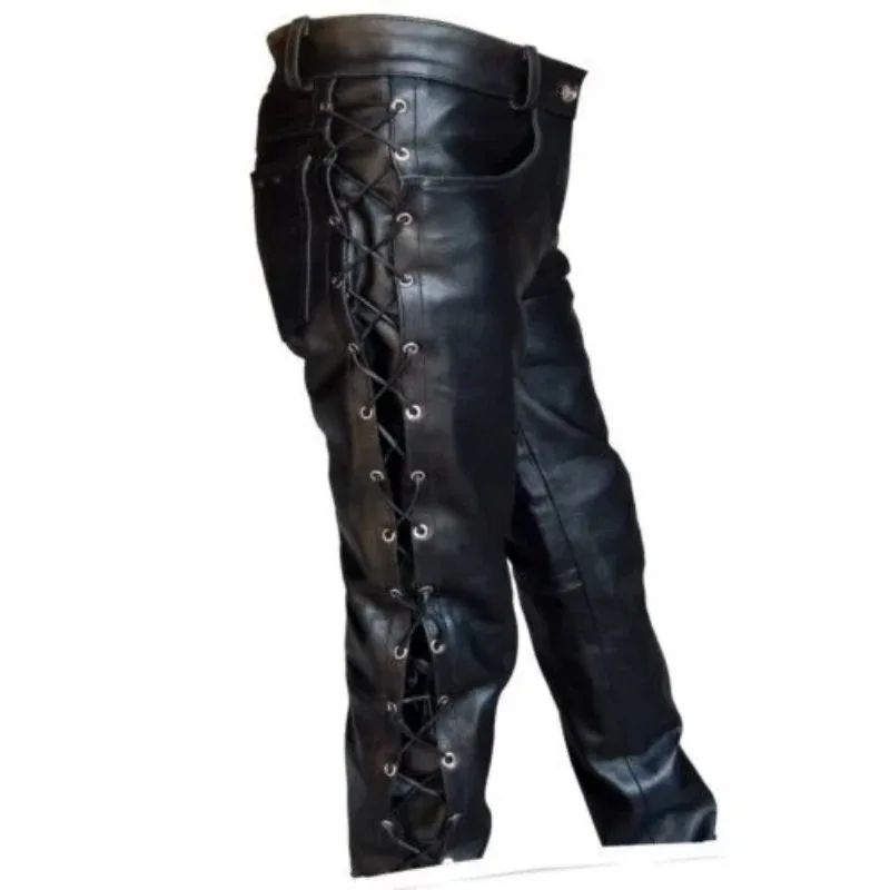 Men's Black Thick Leather Side Laces Up Jeans Style Long Pant Motorcycle Leather Trousers Leather Motorcycle Pants - Image 3