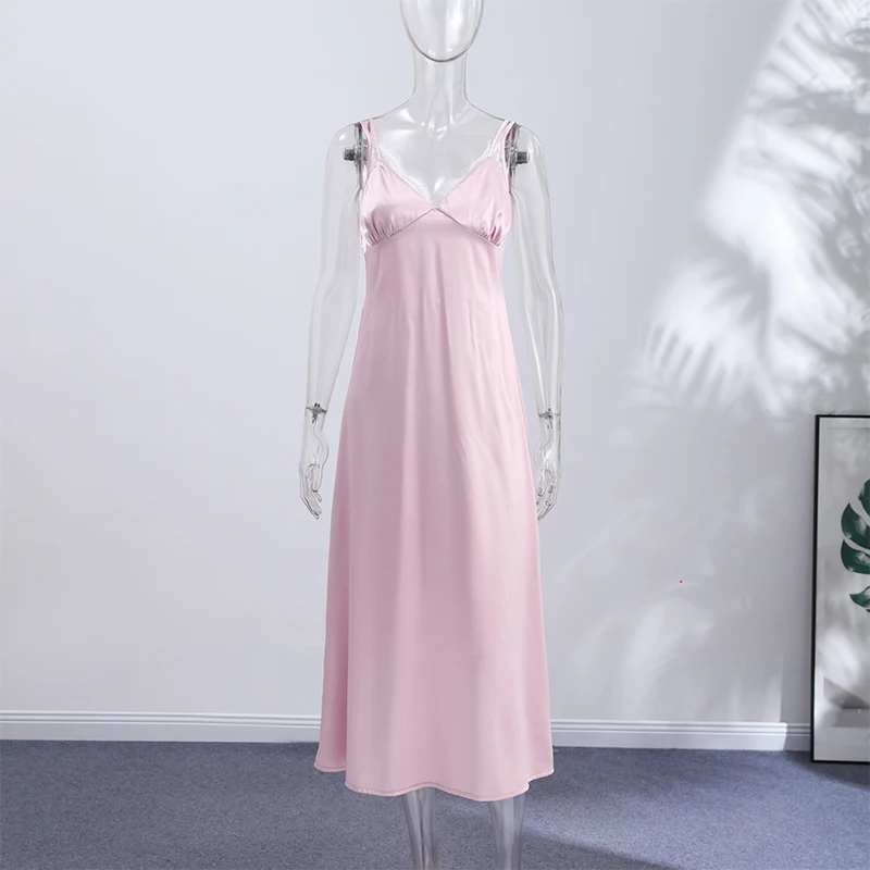 Summer Satin Lace Spliced Long Dress Women V Neck Sleeveless Waist Cinching Strap Dresses 2026 Lady Casual Solid Party Robe - Image 9
