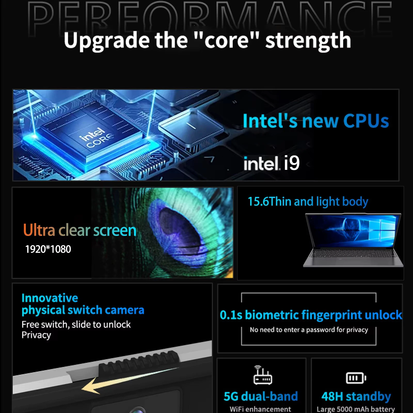 Windows 11 Pro 15.6" Ultra Slim Laptop intel Core i9-9900U 16GB RAM 1/2TB SSD Fingerprint Unlock Office game Backlight Laptop - Image 3