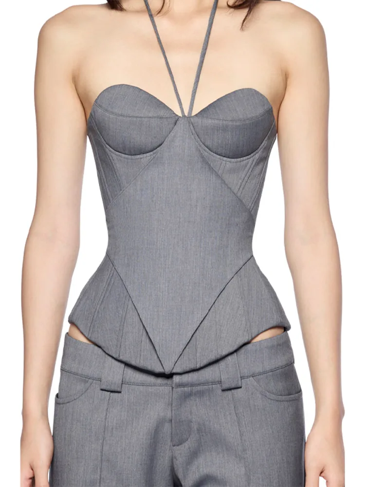 Sexy Patchwork Halter Suit Corset Low Neck A Line Lace Up Fishbone Top Solid Tube Vest 2026 New Lady Party Vacation Tops - Image 7