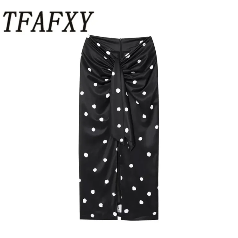 TFAFXY 2025 Polka Dot Skirt Women Wrap Ruched Midi Skirt Woman New Fashion Elegant Long Skirts For Women Party Skirts