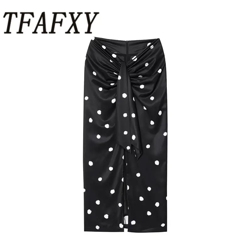 TFAFXY 2025 Polka Dot Skirt Women Wrap Ruched Midi Skirt Woman New Fashion Elegant Long Skirts For Women Party Skirts