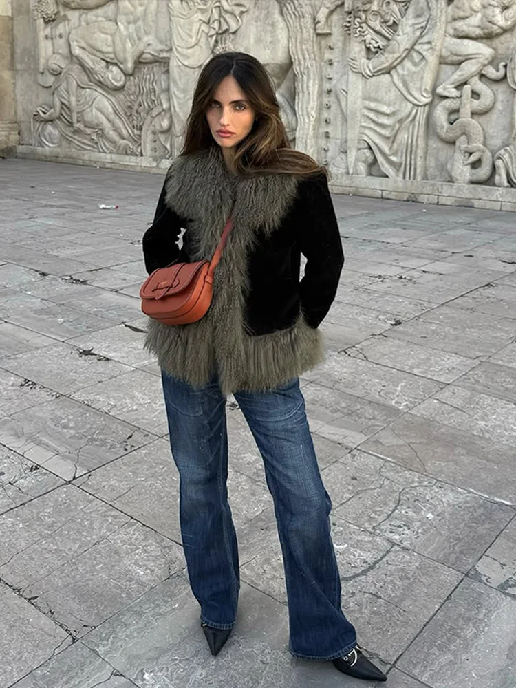 Vintage Patchwork Women's Faux Fur Trim Coat Urban Lapel Full Sleeve Female Jacket Female 2026 Autumn Winter Lady Streetwear New - Image 5