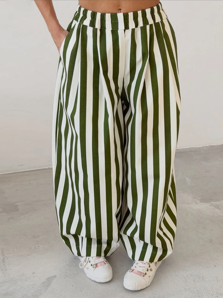 Casual Striped Balloon Pants Women Chic Elastic Waist Wide Leg Loose Fit Long Trousers 2026 Summer Lady Daily Street Wear New