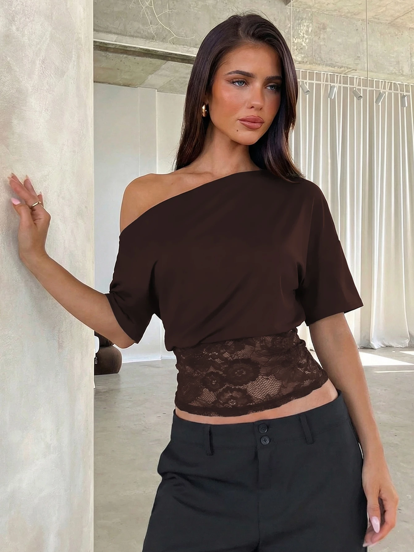 Dulzura Inclined Shoulder Short Sleeve Slim Lace Patchwork T-Shirt Women'S Vintage Sexy Casual Y2K Top Party Club Summer Clothes - Image 3