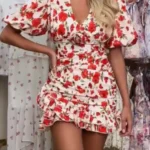 S0a76f839cdf246d8b021d891acafc09cO.webp White Red Floral Ruched Puff Sleeve Mini Dress V-neck Ruffle Hem 3d Rose Dresses 2026 Summer Lady Party Sweet Date Vestidos New