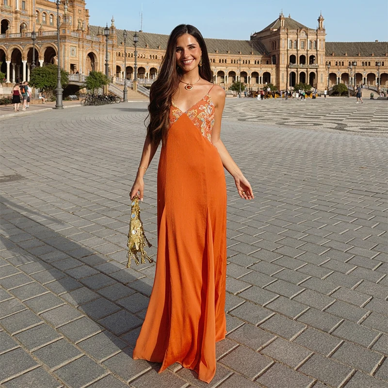 Sexy Women's Sequined Flower Long Orange Sling Dress Deep V Neck Sleeveless Backless Dresses 2026 Summer Holiday Party Robes New - Image 9