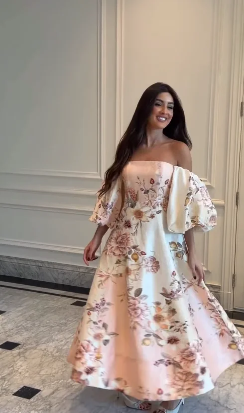 Vintage Print High Neck Midi Dress Belted Waist Bell Sleeve Flared Hem 2026 Summer Spring Chic Women Elegant Wedding Guest Gown - Image 7