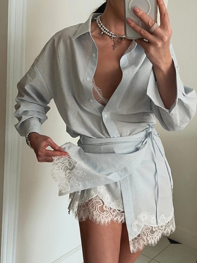 Striped Mini Dress Women Lapel Single Breasted Long Sleeves Lace Patchwork Waistband Robe Female 2026 Summer Beach Vacation Sets - Image 2