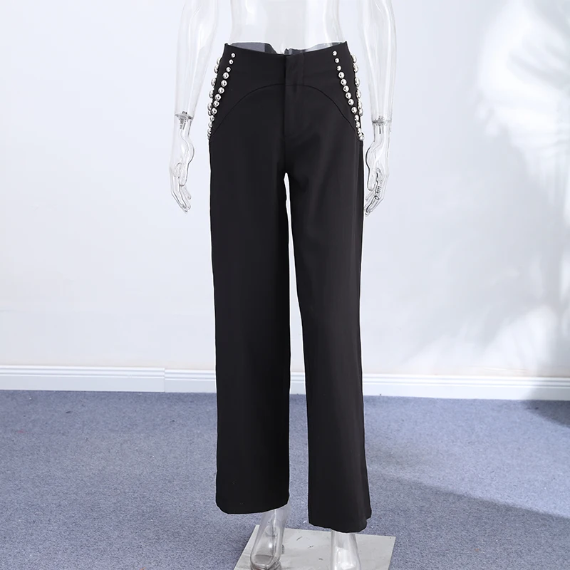 Studs Women Pants Solid Color Pants with Spiral Arranged Studs High Waist Straight Leg Pants Stylish Ladies Outfit Street Style - Image 5