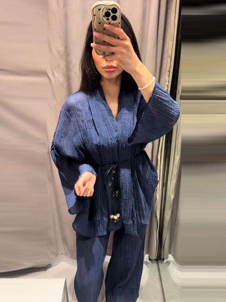 Sheer Striped V-Neck Wrap Loungewear Set with Belt Kimono Sleeve Wrap Wide-Leg Pants 2026 Summer Casual Women Loungewear Outfits
