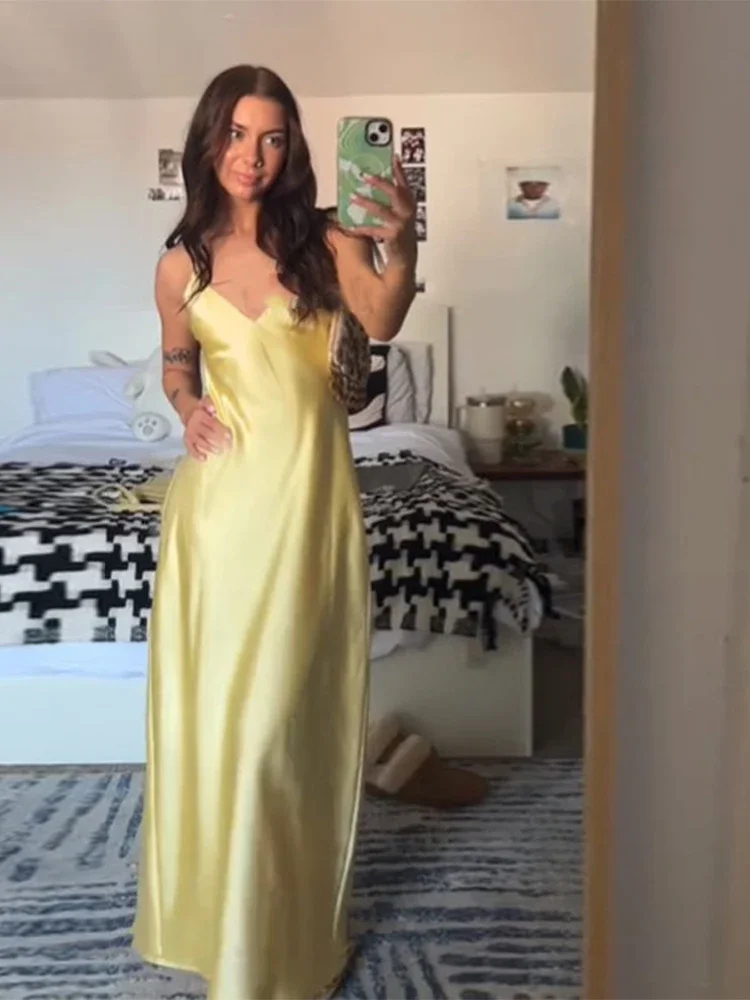 Satin Sexy Lace Spliced Maix Sling Dress Women Sleeveless Backless Yellow Vacation Vestidos 2026 Fashion Summer Lady Dresses - Image 8