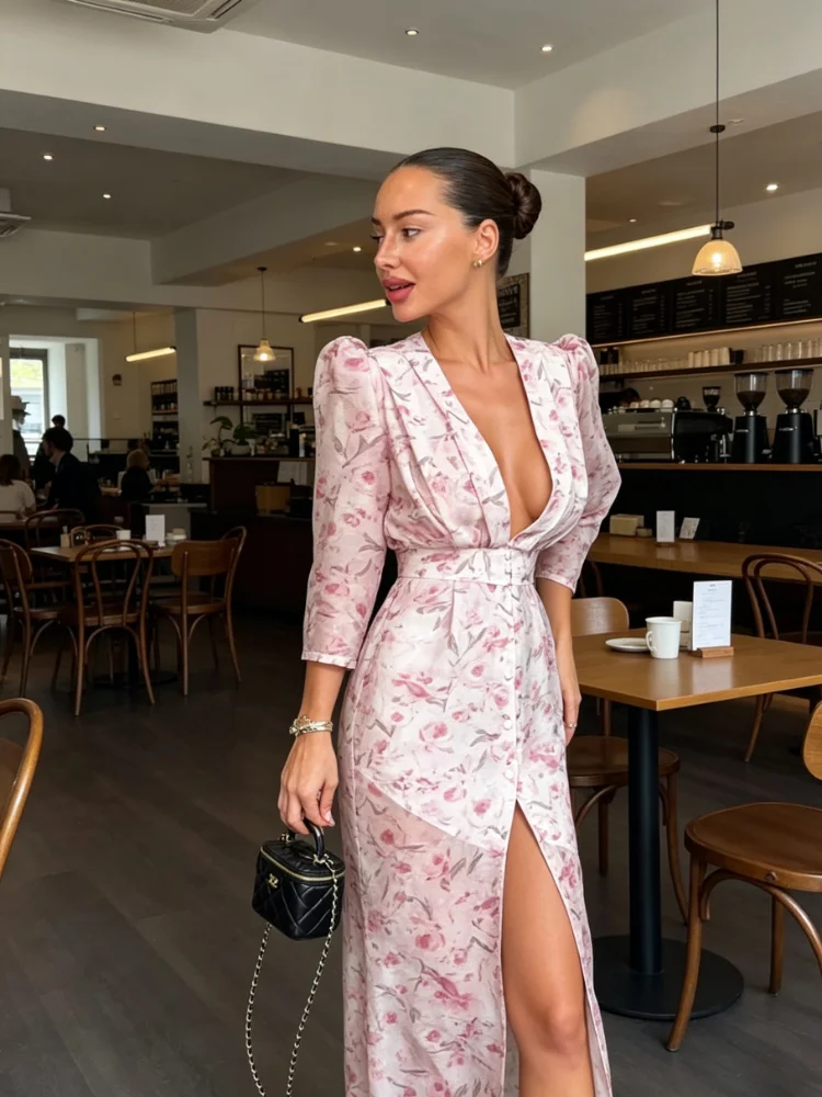 Lace Trim Satin Peplum Midi Dress Deep V-Neck Puff Sleeve A-Line 2026 Spring Summer Chic Elegant Romantic Women Cocktail Dress - Image 6