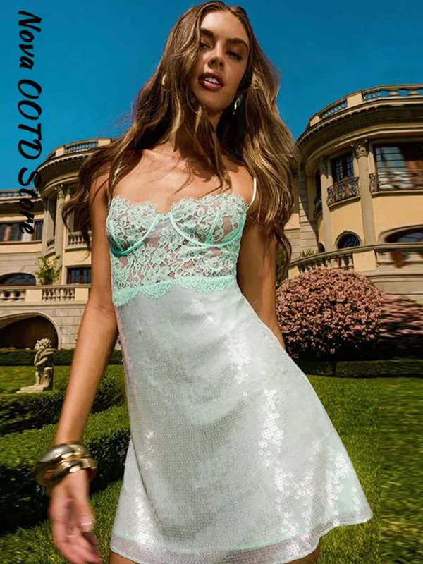 S177ca2a90e0a416e84c8afe18641d69ad.webp Beach Sequin Women's Dress Y2k Sexy Lace Spliced See Through Strap Mini Summer Dresses New Vacation Casual Party Robe 2026